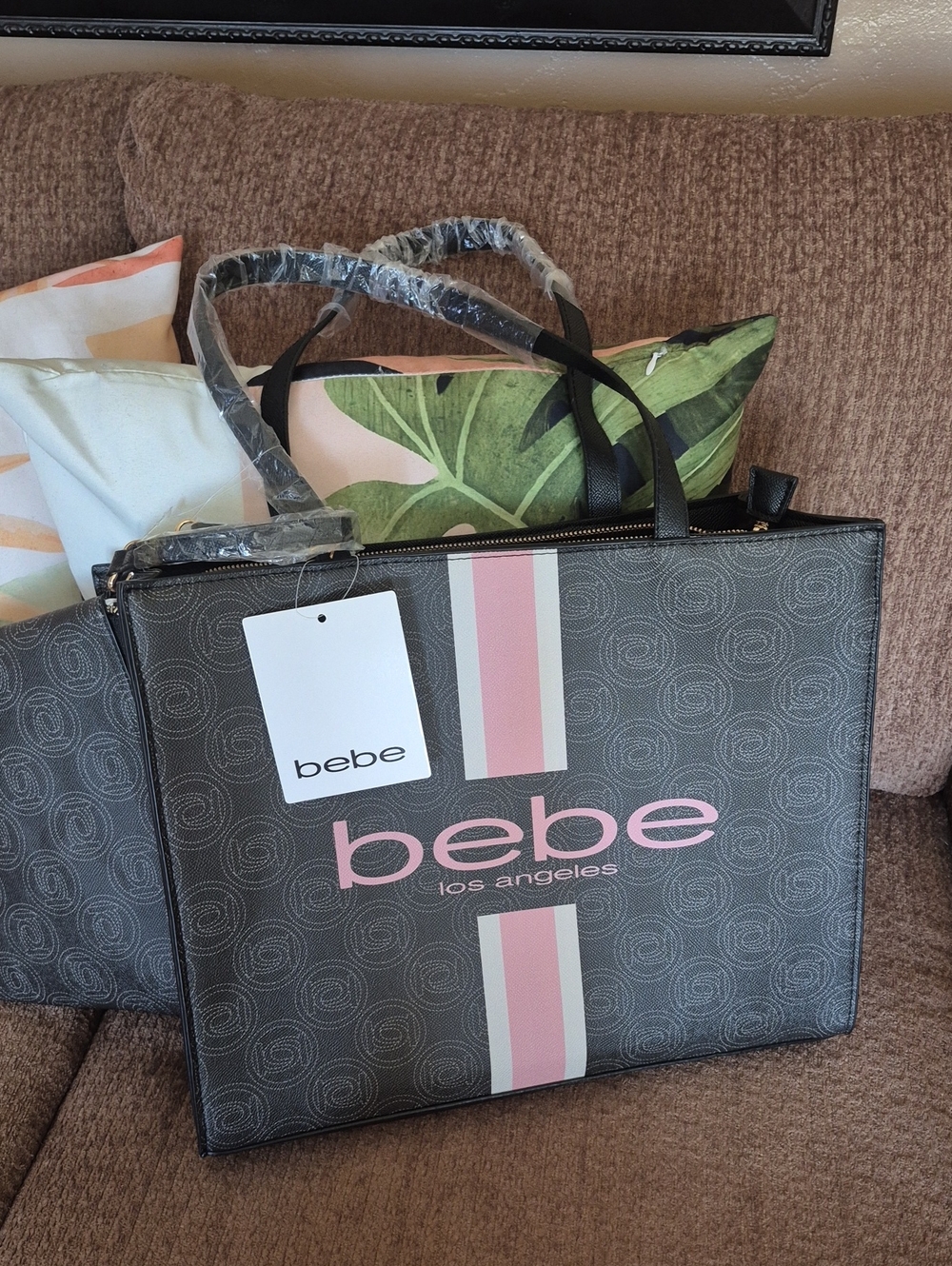 bebe Black Tote with Pink and White Stripe Logo